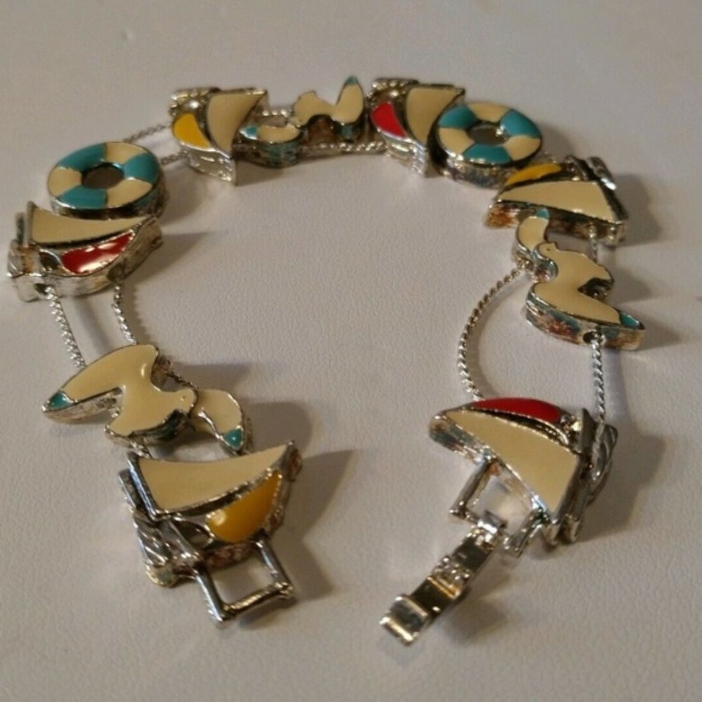 New Vintage Sailboats Slide Bracelet with Sliding Charms Silver Fold Over Clasp - Picture 2 of 10